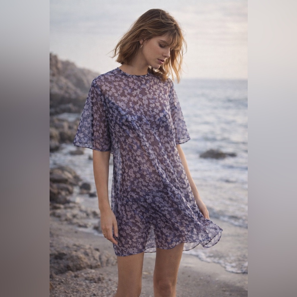 &‎ Other Stories Sheer Floral Mini Dress Blue Small Stockholm